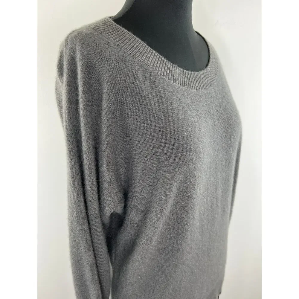 White + Warren Gray Long Sleeve Round Neck Pullover Cashmere Sweater S M